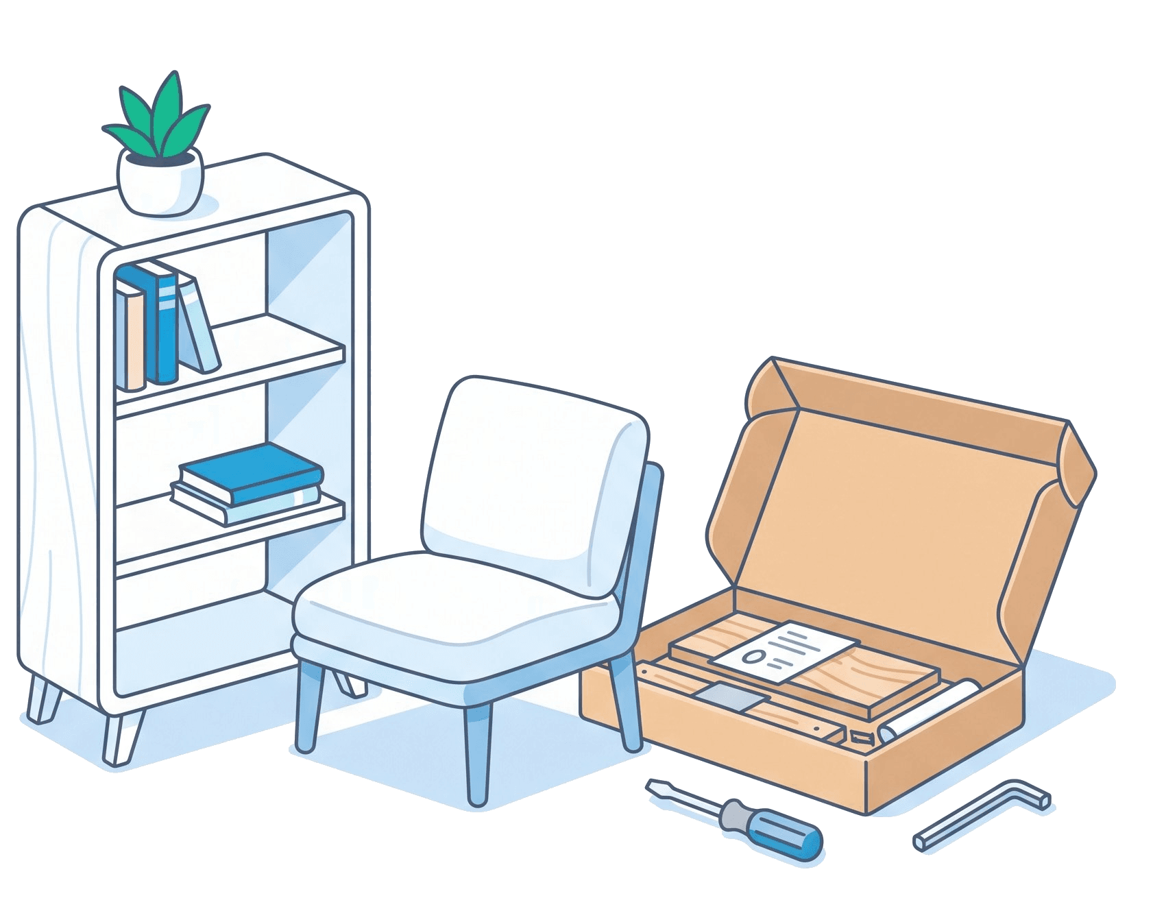 A flat-pack box opening beside assembled furniture